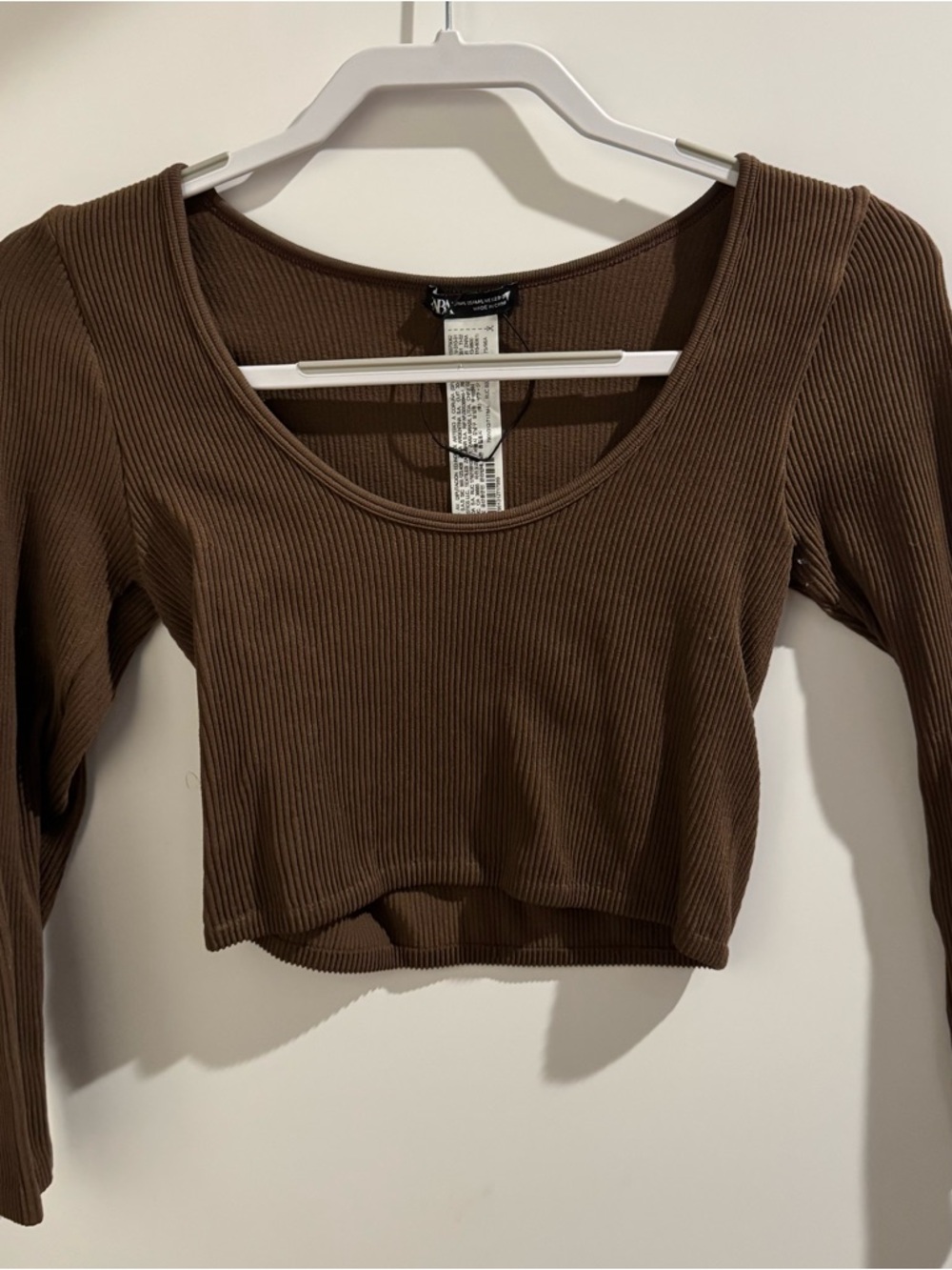 Zara Ribbed Long-Sleeve Crop Top - Brown